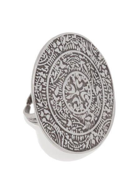 Ancient Round Seal Silver Plated Adjustable Ring