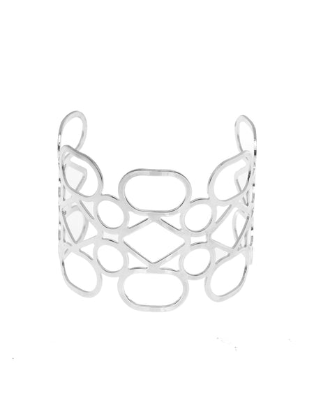 Geometric Cutwork Rhodium Plated Statement Cuff Bracelet