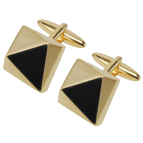 Faceted Brush Gold Triangle Black Detail Cufflinks - Thingalicious
