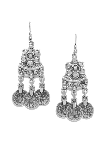 Antique Silver Plated Textured Classic Handcrafted Drop Earrings