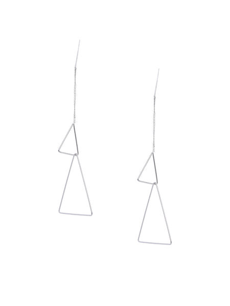 Rhodium Plated Needle Thread Interlinked Triangle Earrings