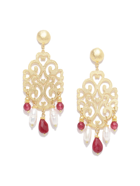 Filigree Red Quartz & Pearl Earrings