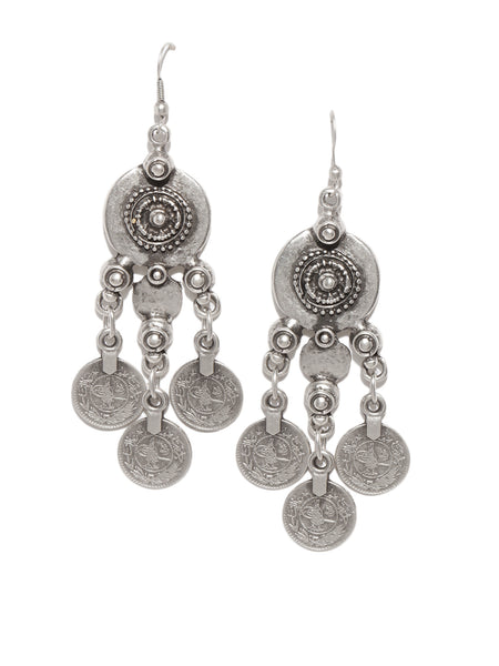 Coin Engraved Silver Plated Earrings