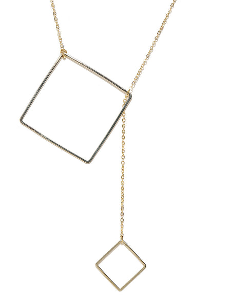 Gold-Plated Cut-Out Square Handcrafted Open Lariat Modern Delicate Necklace