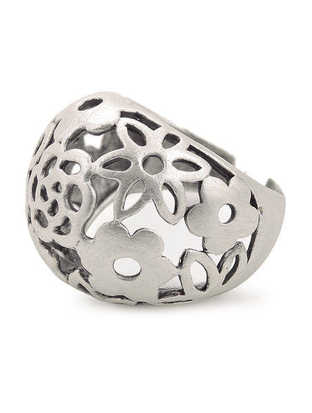 Classic Silver-plated Adjustable Ring with Floral Design