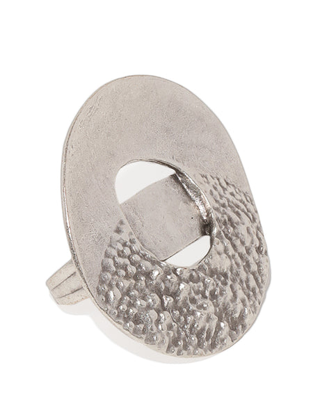 Semi Textured Disc Silver Plated Adjustable Ring