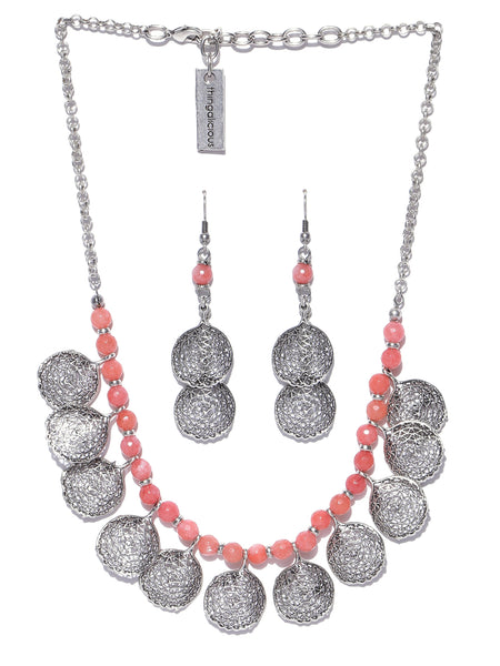 Pink Oxidised Jewellery Silver-Plated Quartzite Semi Precious Stone Handcrafted Necklace & Earring Jewellery Set