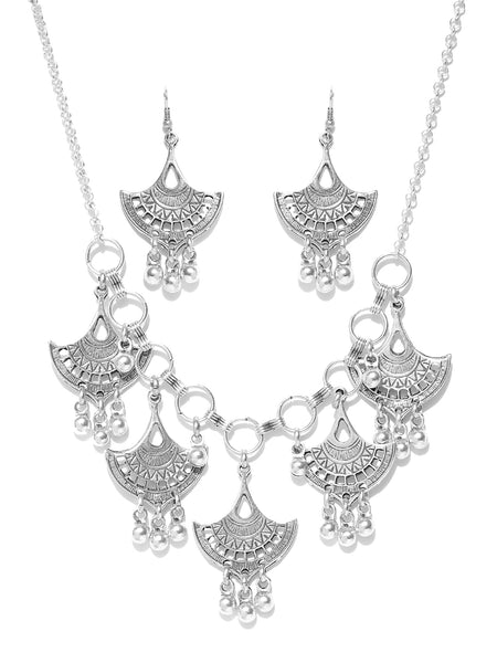 Oxidised Jewellery Silver-Plated Textured Traditional Motif Handcrafted Necklace & Earring Jewellery  Set