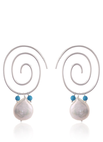 Spiral Silver Plated Hoop Earrings  with Turquoise and Pearls - Thingalicious
 - 1