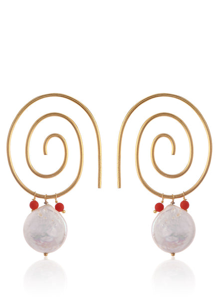 Spiral Gold Plated Hoop Earrings  with Coral and Pearls - Thingalicious
 - 1