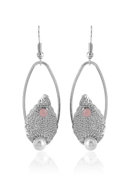 Leaf Pearl Oval Textured Silver Earrings - Thingalicious
 - 1