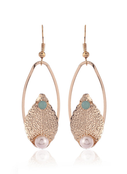 Leaf Pearl Oval Textured Gold Earrings - Thingalicious
 - 1