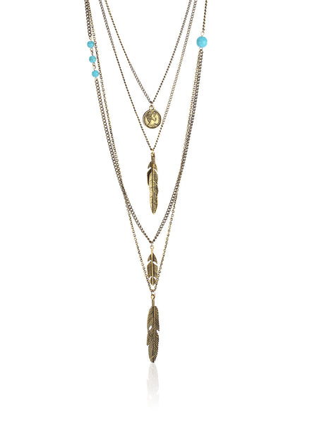 Coin Feather Layered Antique Gold Necklace - Thingalicious
 - 1