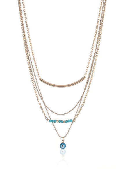 Serene Turquoise Beads & Evil Eye Layered Gold Necklace - Thingalicious
 - 1