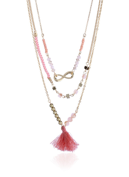 Infinity Bead & Pink Tassel Layered Gold Necklace - Thingalicious
 - 1