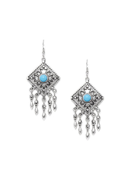 Oxidised Silver Plated Blue Stone Embelished Chandelier Earrings