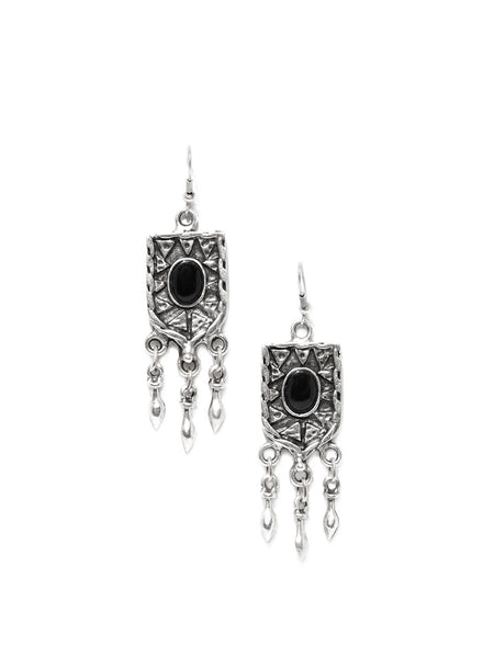 Oxidised Silver Plated Long Earrings with Black Bead