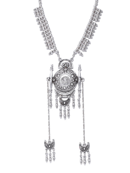 Silver-Plated Handcrafted Statement Antique Silver Necklace with Tassels