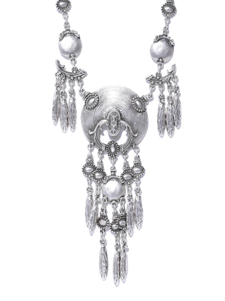 Silver-Plated Handcrafted Antique Silver Necklace with Tassels