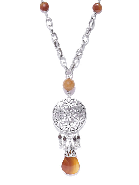 Silver-Plated Handcrafted Carnelian Semi Precious Stone-Studded Necklace