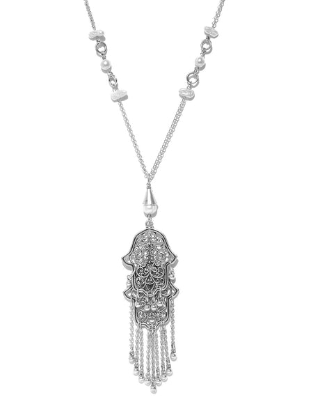 Silver-Plated Pearl Handcrafted Necklace with Humsa Design