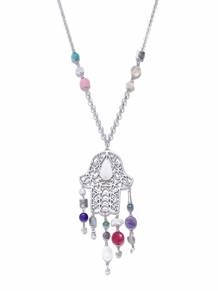 Silver-Plated Handcrafted Humsa Semi Precious Stone Necklace